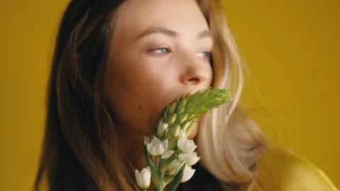 Model posing with flower looking straight at camera yellow background Stock Footage 275628622