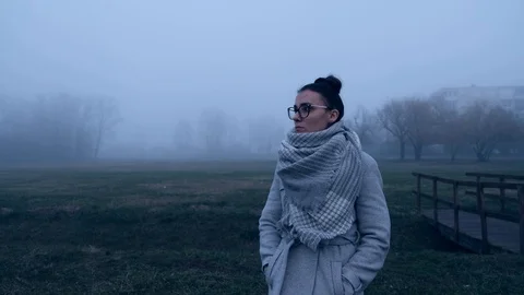 Model posing at a foggy winter park Stock Footage