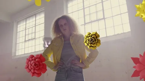 Model posing hands-on-hips fashion with PEACE title appearing sparking flowers Stock Footage 333004716