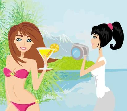 Model posing on a tropical island Stock Illustration