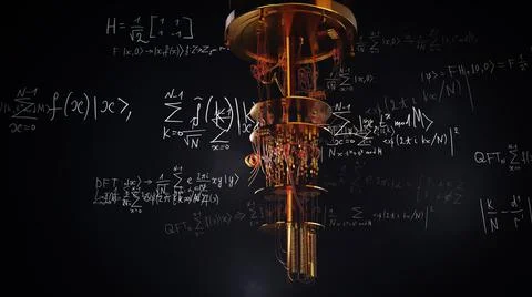 A model of a quantum computer against the background of formulas, Illustrazione stock