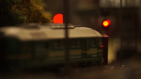 Model railway train moving through station close up. Footage. Toy locomotive Stock-Footage 169644855