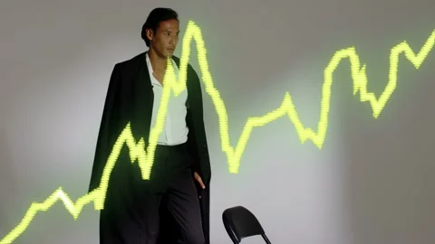 Model reaching for coat on chair, donning, posing as neon waveform crossing Stock Footage 333078216