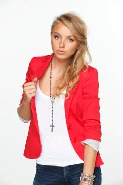 Model in a red coat Foto stock