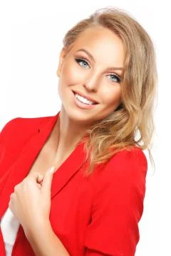 Model in a red coat Stock-Fotos