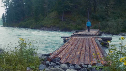 Model released man hiking on log foot bridge over river into through thick Vídeos de archivo 93563836