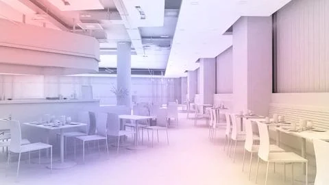A model restaurant in a shopping mall, with gradient color painting. 3d ren.. Stock Illustration