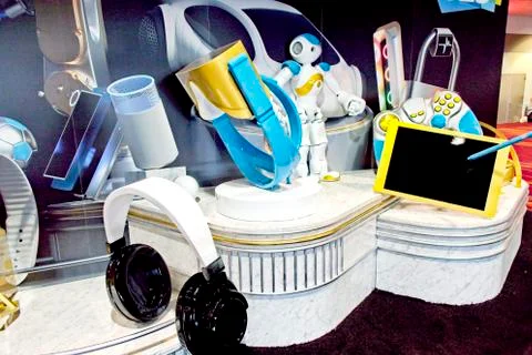 A model robot, self-driving car, computer, Stock Photos