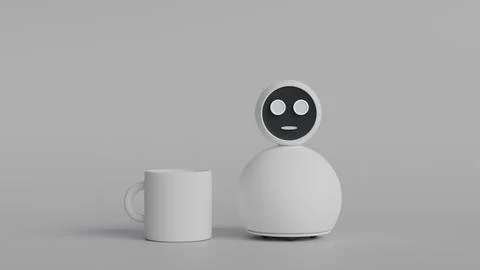 Model of round white home assistant robot with face screen and white cup st.. 스톡 일러스트