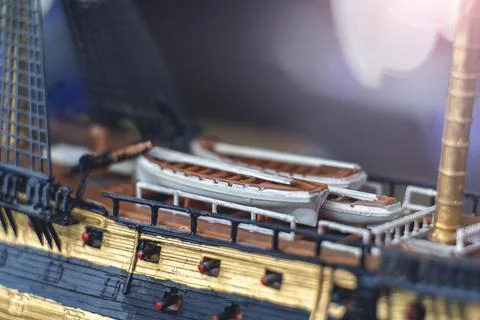 Model Ship Building handcraft on table with different materials Stock Photos