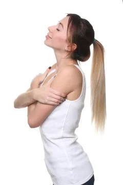 Model in singlet standing profile. Close up. White background Stock Photos