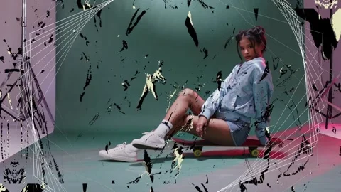 Model sitting on board posing and making splashes and wireframe over green Stock Footage 333193381