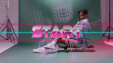 Model sitting on skateboard in studio, START emerging, wireframes appearing, Stock Footage 333233978