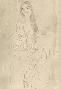 A model sitting at a table with an iphone in her hand Stock Illustration
