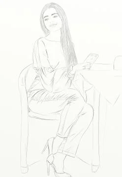 A model sitting at a table with an iphone in her hand Stock Illustration