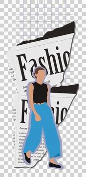 Model striding over flat style newspaper collage with crop top and pants on Ilustração Stock