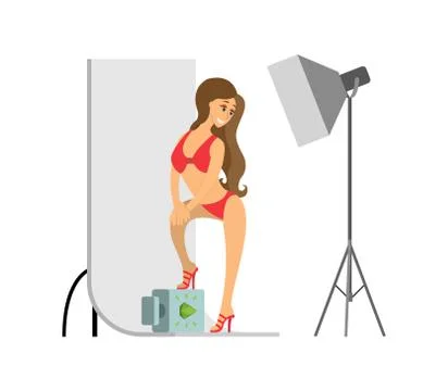 Model in Swimsuit with Backdrop at Photo Studio Stock Illustration