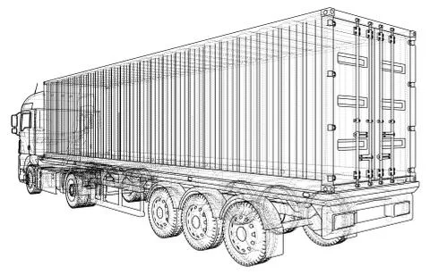 Model trailer truck. Wire-frame. EPS10 format. Vector rendering of 3d Stock Illustration