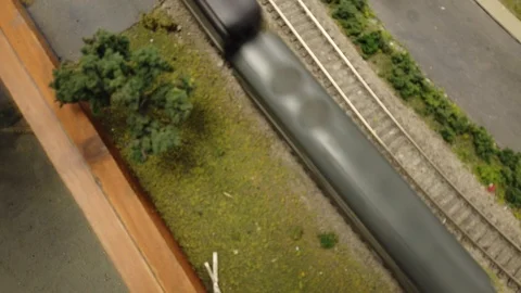 Model Train Hobbyist Travelling Down Tracks Birds Eye View Stock Footage 121198635