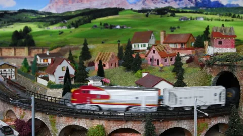 Model train in miniature. Model railway. Stock Footage 207853124