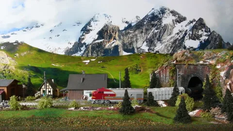 Model train in miniature. Model railway. Stock Footage 238755485