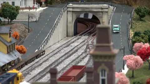Model Train through Tunnel Stock Footage 39504459