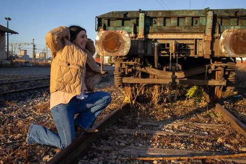 Model on the train tracks. Stock Photos