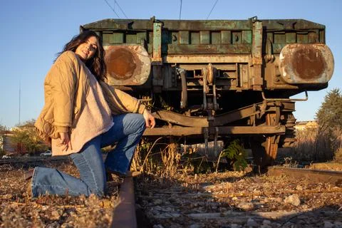 Model on the train tracks. Stock Photos