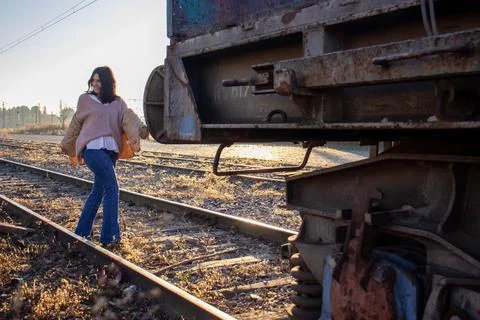 Model on the train tracks. Stock Photos