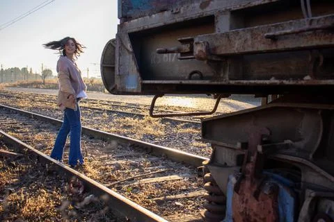 Model on the train tracks. Stock Photos