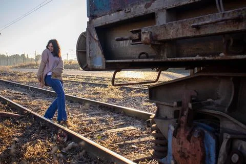 Model on the train tracks. Stock Photos