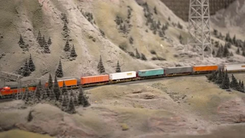 Model trains on a mountainous scene Stock Footage 196743000