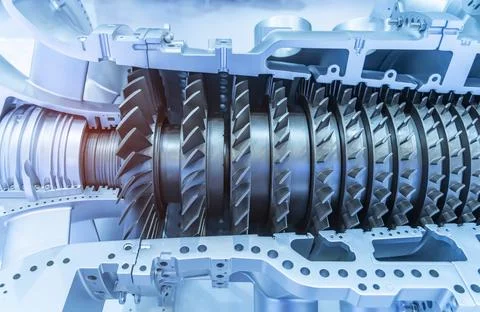 Model of turbine engine with longitudinal section for studying arrangement .. Stock Photos