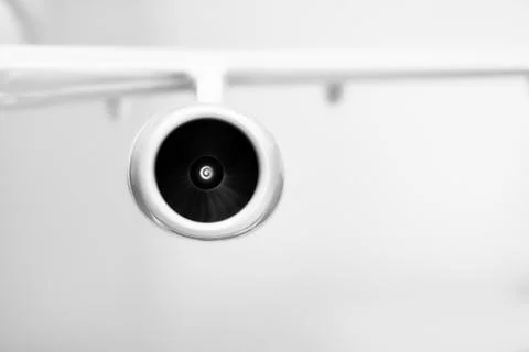 Model of the turbofan engine on the airplane wing 스톡 사진