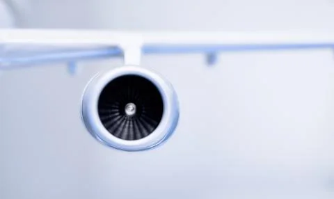 Model of the turbofan engine on the airplane wing 스톡 사진
