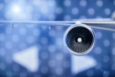 Model of the turbofan engine on the airplane wing 스톡 사진