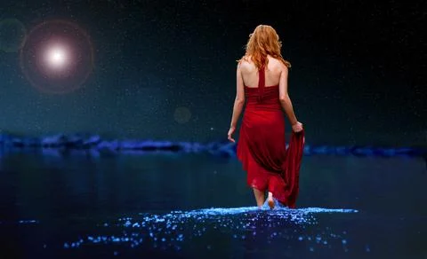 Model walking through water in alien landscape Stock Illustration