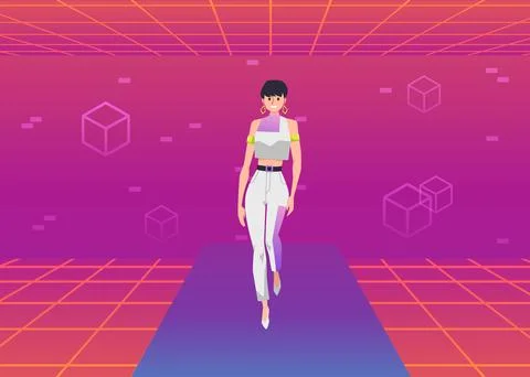 Model walks the runaway in metaverse or virtual reality, flat vector Stock Illustration