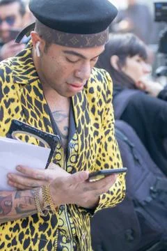 Model wearing brindle jacket and a black beret Stock Photos