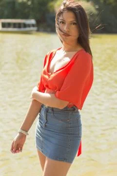 Model woman looking at camera during outdoors session Stock Photos