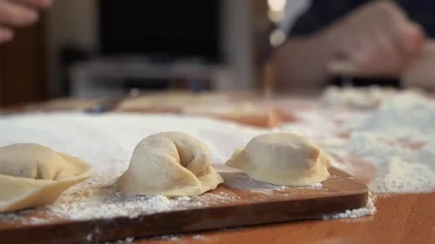 Modeling dumplings dish of dough, minced meat. Cooking semi-finished products Stock Footage 244685705