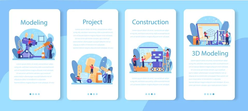 Modeling school subject mobile application banner set. Engineering Stock Illustration