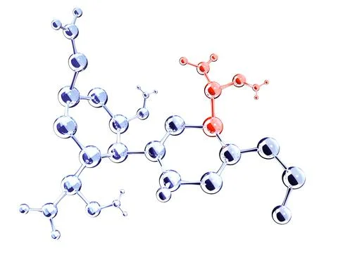 Models of abstract molecular structure with defective part. Atom model with d 库存照片