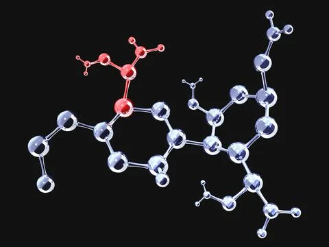 Models of abstract molecular structure with defective part. Atom model with d Stockfoto's