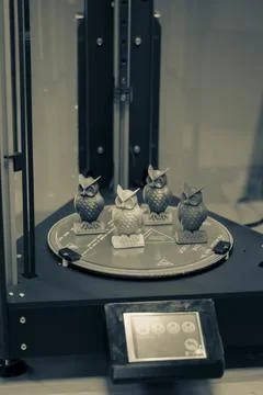 Models in the form of owls stand inside a three-axis 3d printer Foto stock