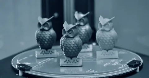 The models of owls created on the 3d printer stand on the desktop Video stock 151931716