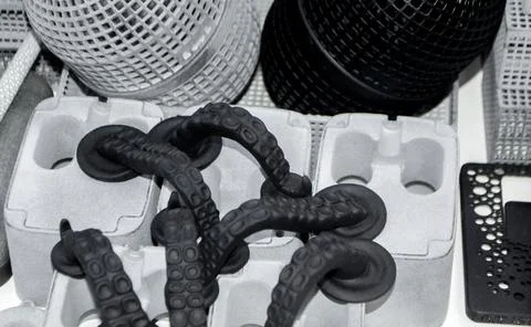 Models printed on 3D printer. Black objects printed on 3D printer made plastic Foto stock