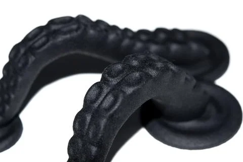 Models printed on 3D printer. Black objects printed on 3D printer made plastic Foto stock