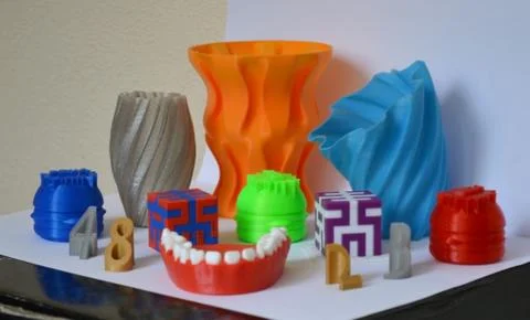 Models printed by 3d printer. Colorful objects printed 3d printer Stock Photos