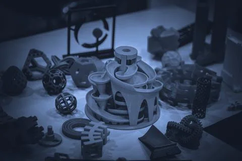 Models printed by 3d printer. Dark, Copy space. Foto stock